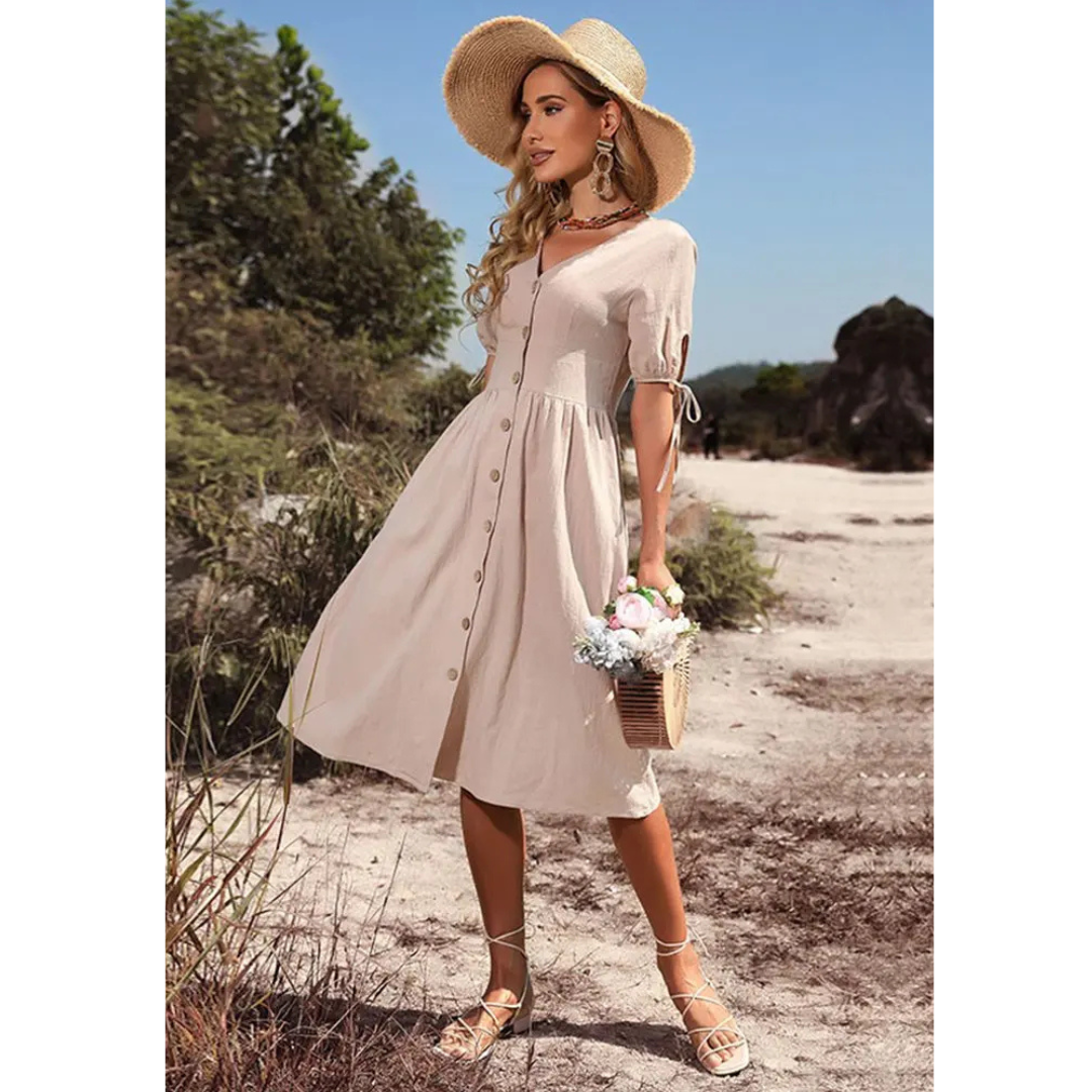 Beige knielange jurk met knoopsluiting