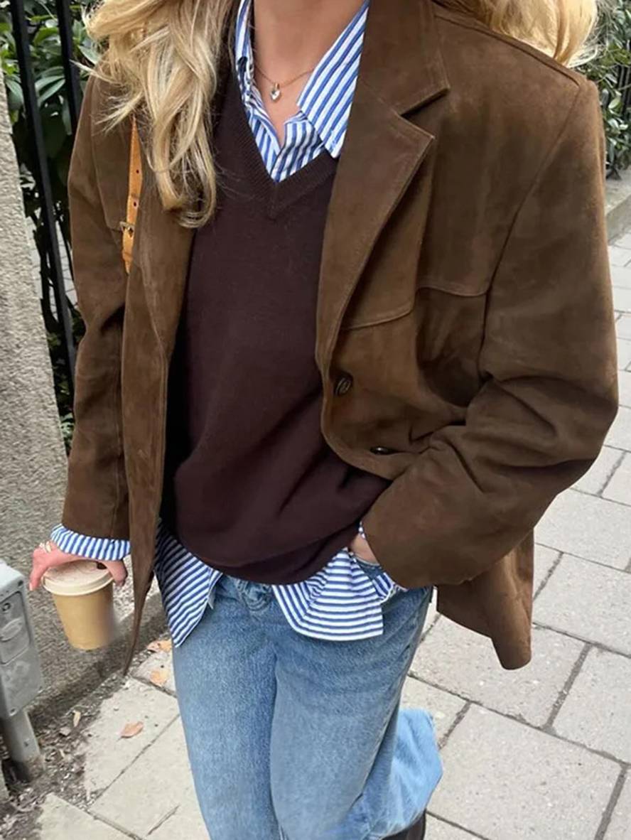 Dames Imitatie Suède Blazer | Vintage Stijl Met Knopen