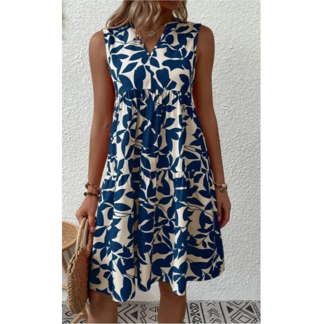 Mouwloze jurk met blauw bladmotief