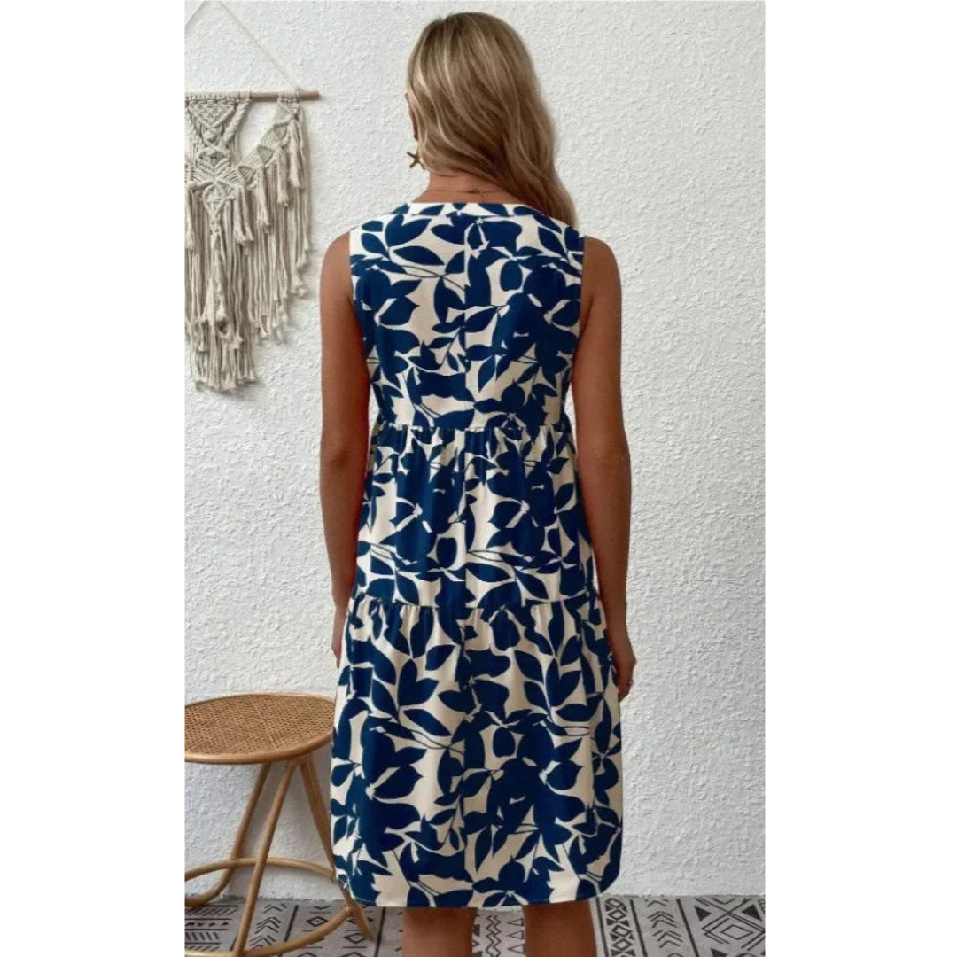 Mouwloze jurk met blauw bladmotief